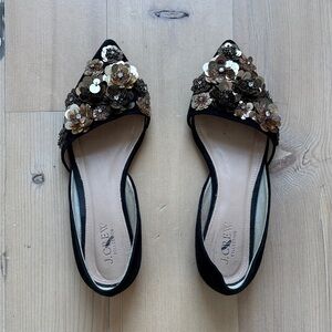 J. Crew Collection Black Sequin Floral Gold Silver Suede Pointed Toe Flats